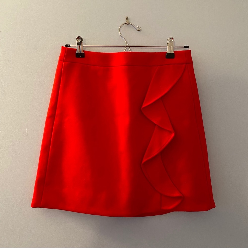 J Crew Wool Ruffle Mini Skirt Red, Size 2